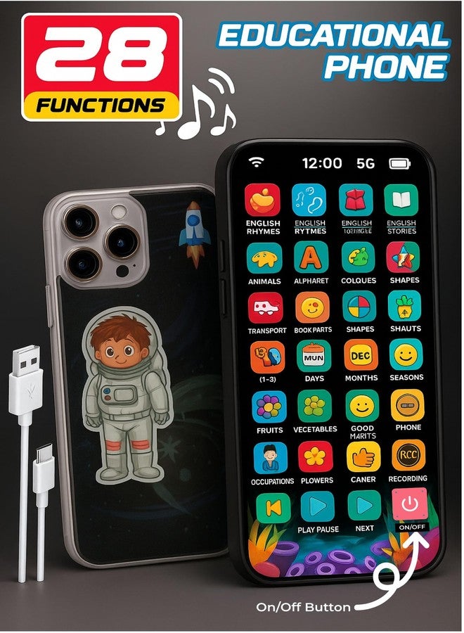 YUIOP - EduPhone Educational Type-C Rechargeable Musical Toy - 28 Functions Recording, Alphabet, Numbers, Varnmala, Animal Sounds, Nursery Rhymes in English & Hindi (Black (Space Kid Theme)) - Image 2